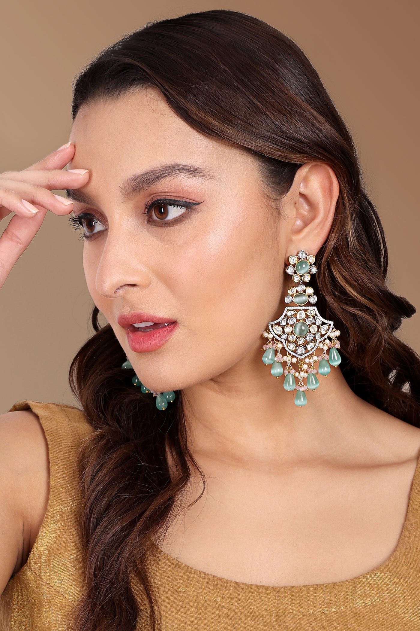 Tizora Kundan And Diamond Blue Stone Fusion Earrings jewellery indian designer wear online shopping melange singapore