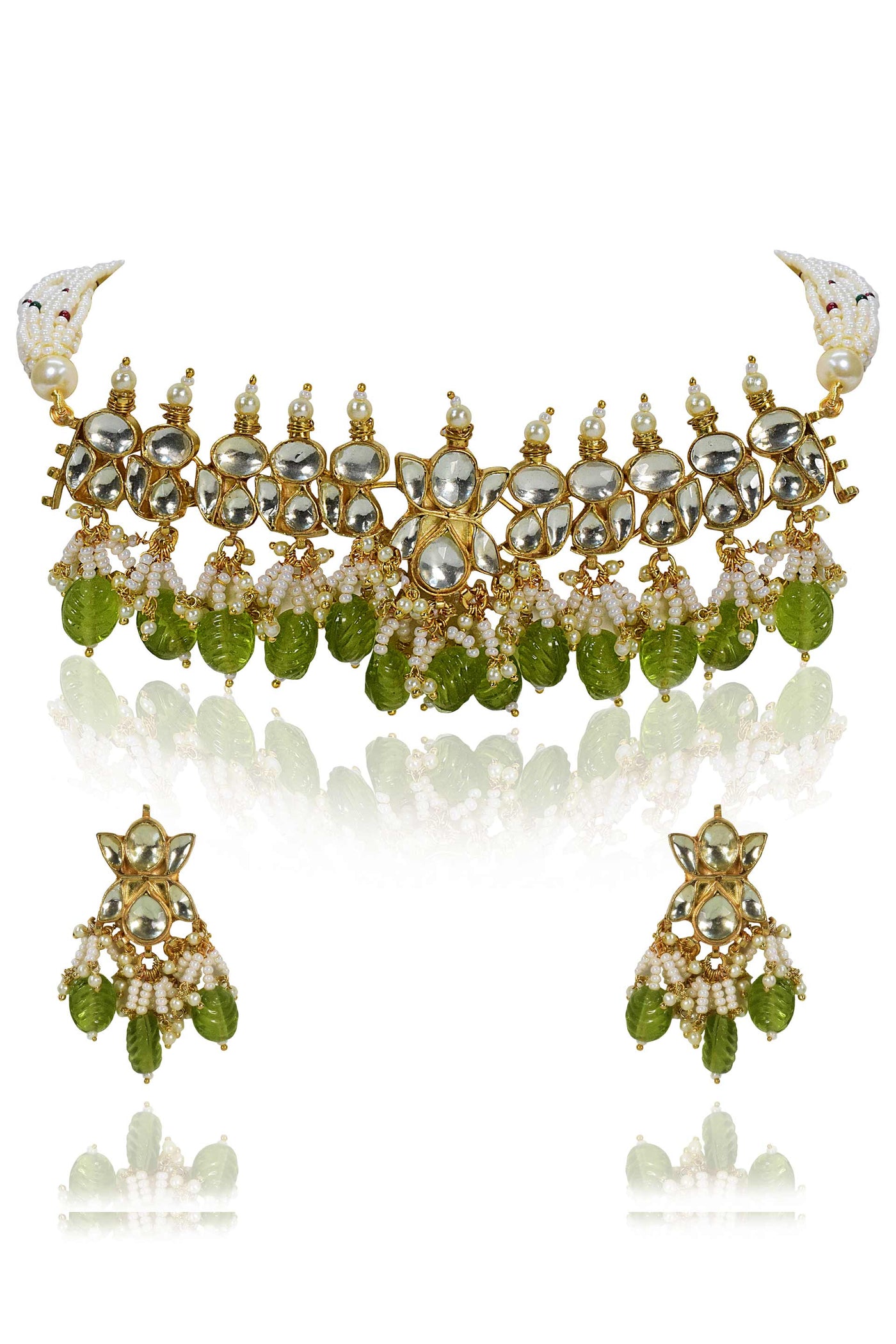 Tizora pachi kundan green drop choker set green white gold  fashion imitation jewellery indian designer wear online shopping melange singapore
