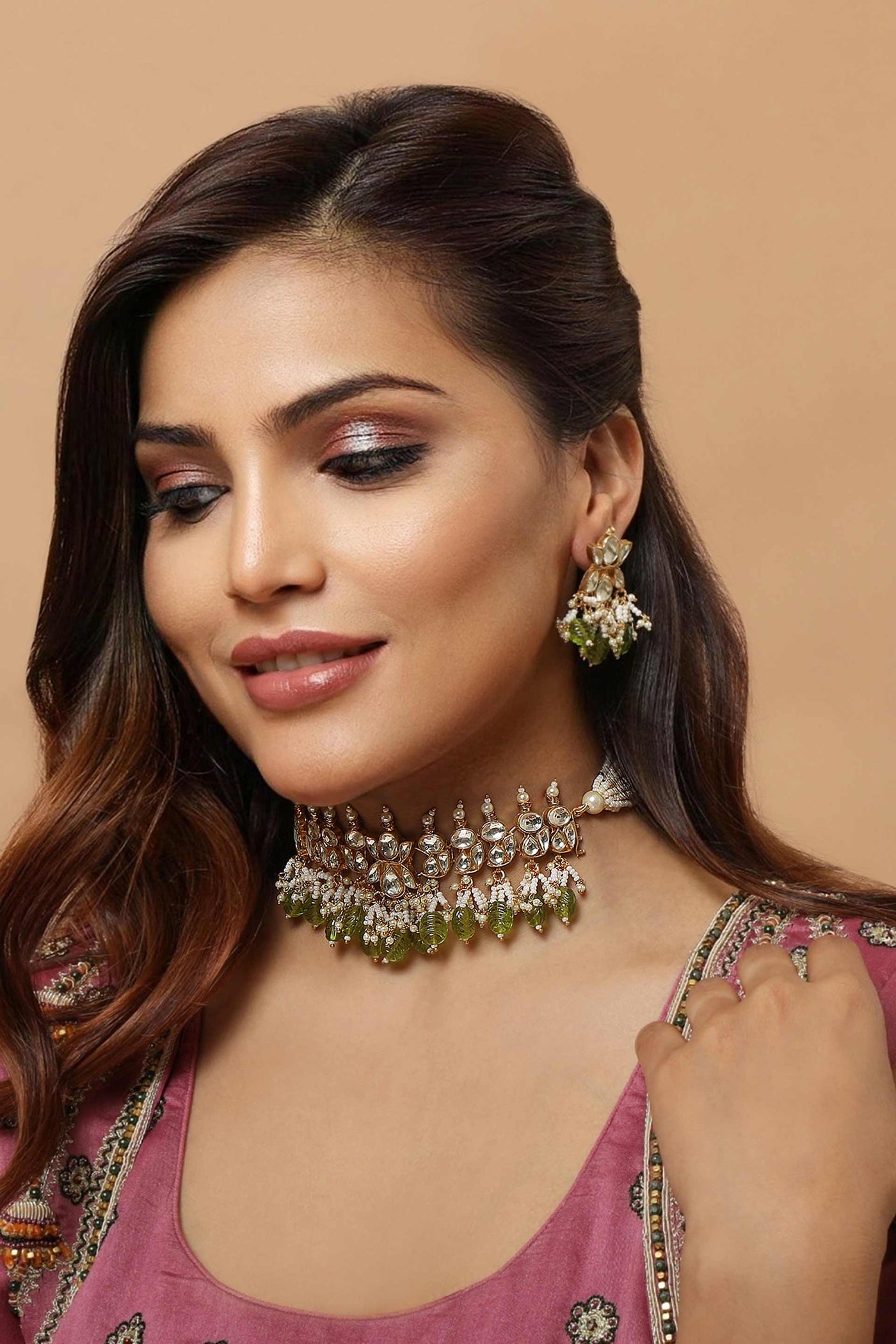 Tizora pachi kundan green drop choker set green white gold  fashion imitation jewellery indian designer wear online shopping melange singapore