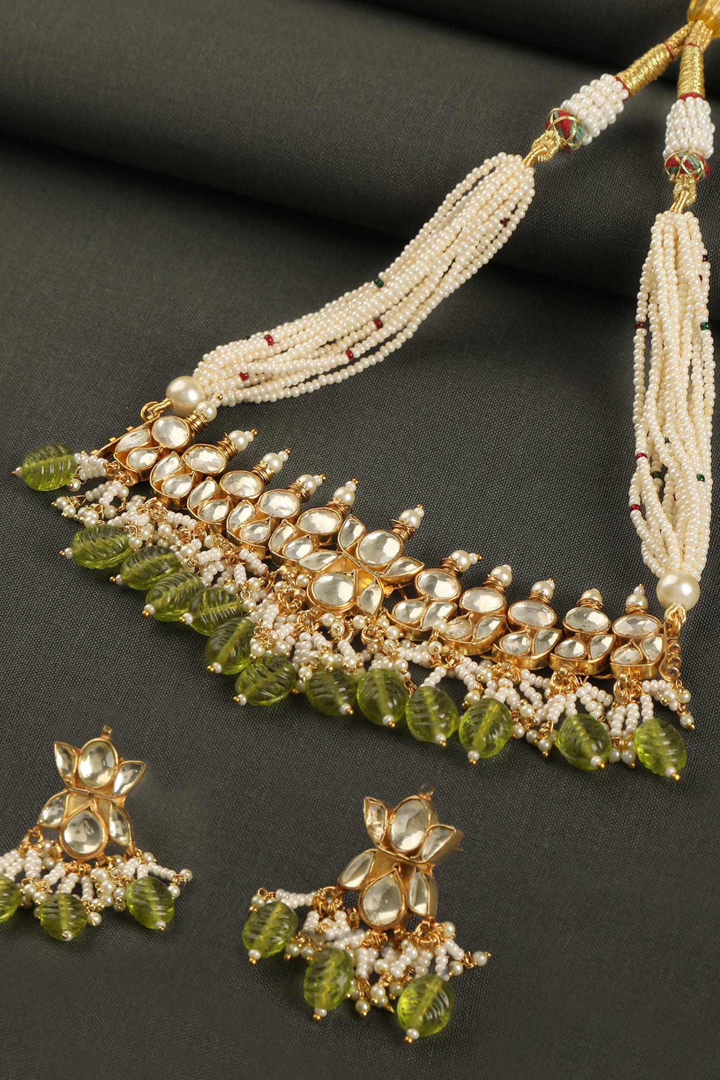 Tizora pachi kundan green drop choker set green white gold  fashion imitation jewellery indian designer wear online shopping melange singapore