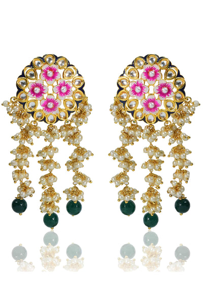 Tizora pink floral meena earrings white gold pink green fashion imitation jewellery indian designer wear online shopping melange singapore