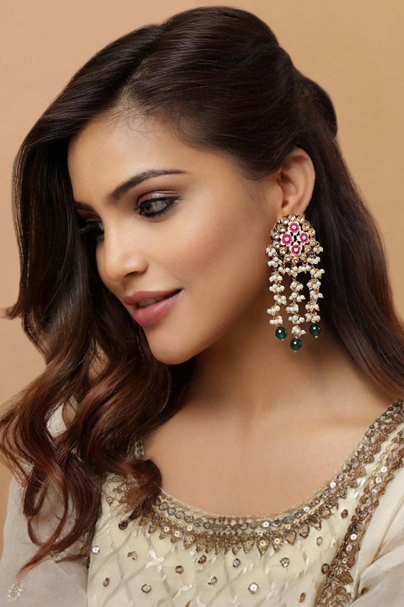 Tizora pink floral meena earrings white gold pink green fashion imitation jewellery indian designer wear online shopping melange singapore