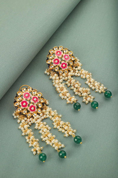Tizora pink floral meena earrings white gold pink green fashion imitation jewellery indian designer wear online shopping melange singapore