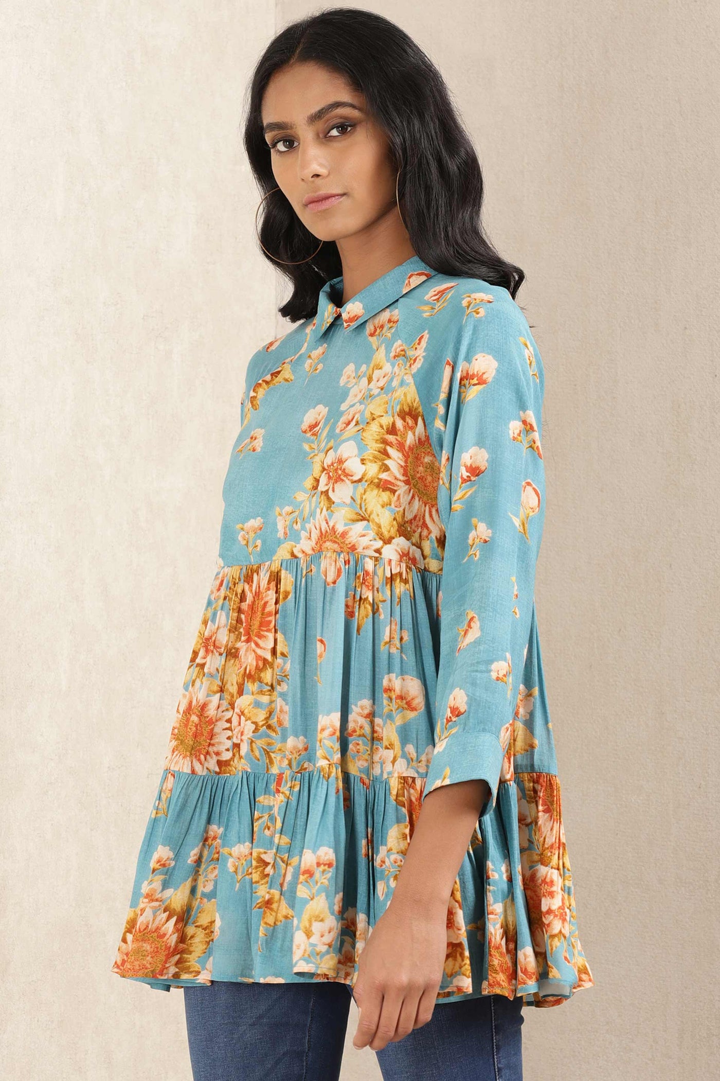 ritu kumar Turquoise Floral Print Kurti festive indian designer wear online shopping melange singapore