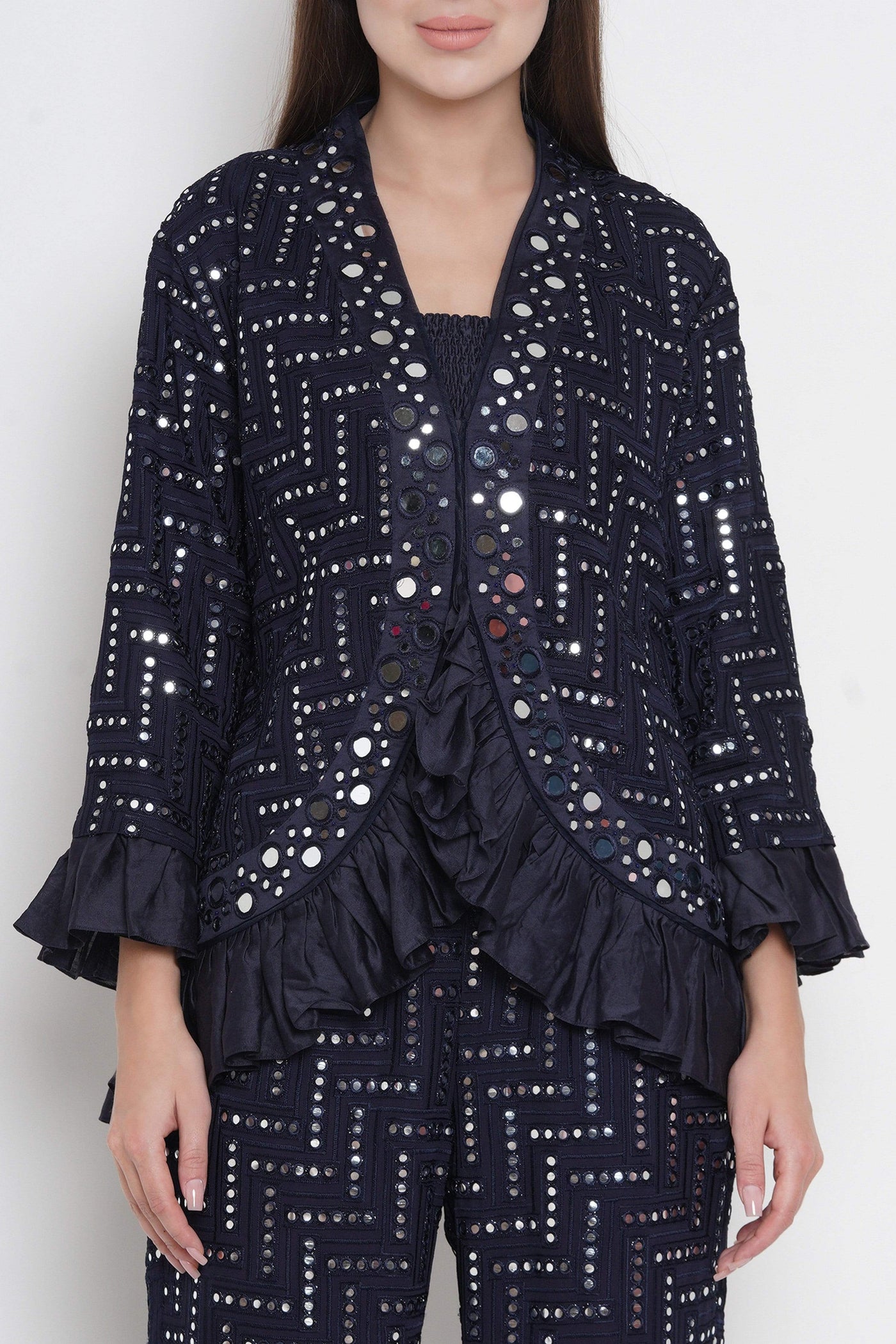 Mirror Embellished Jacket With Frill