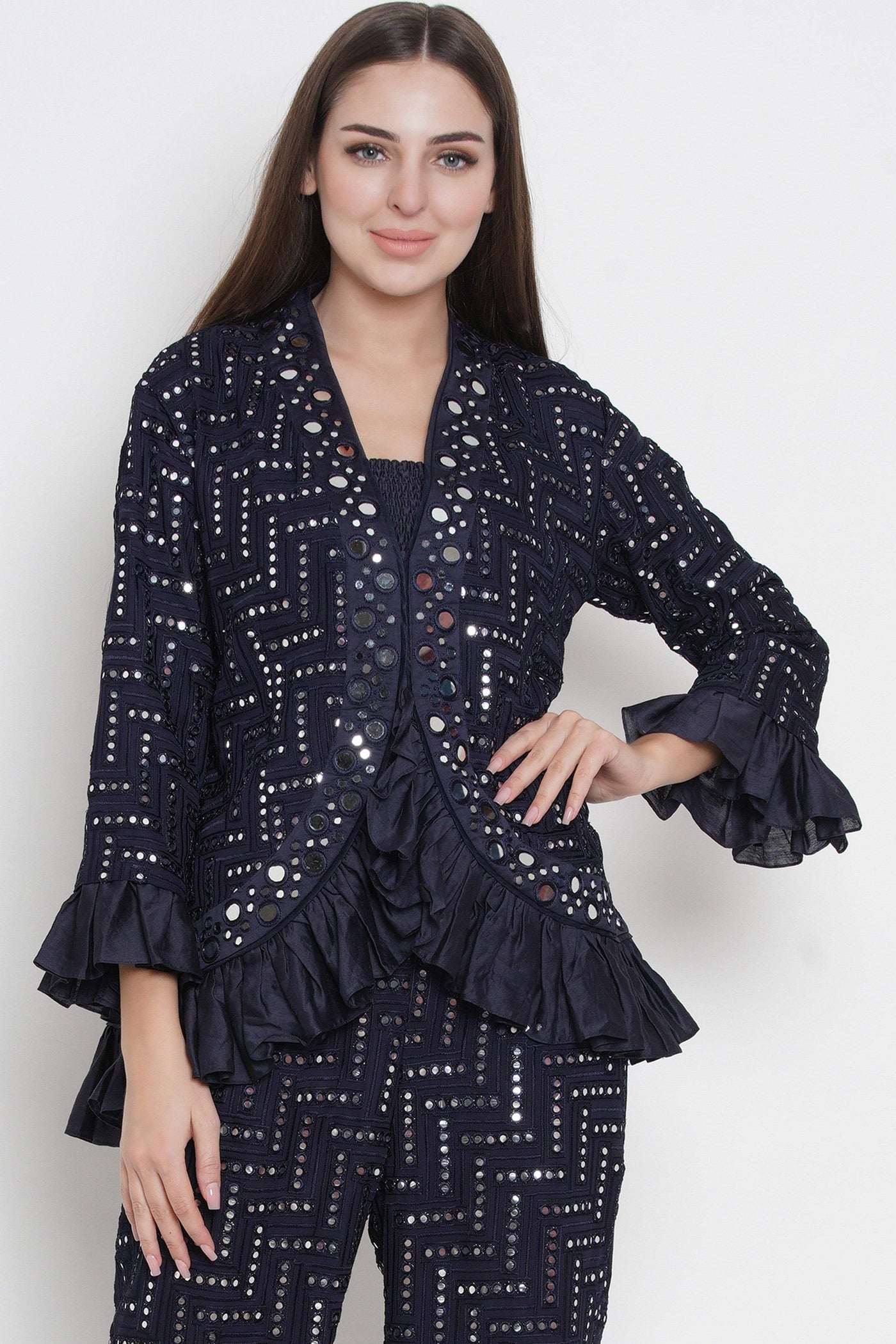 Mirror Embellished Jacket With Frill