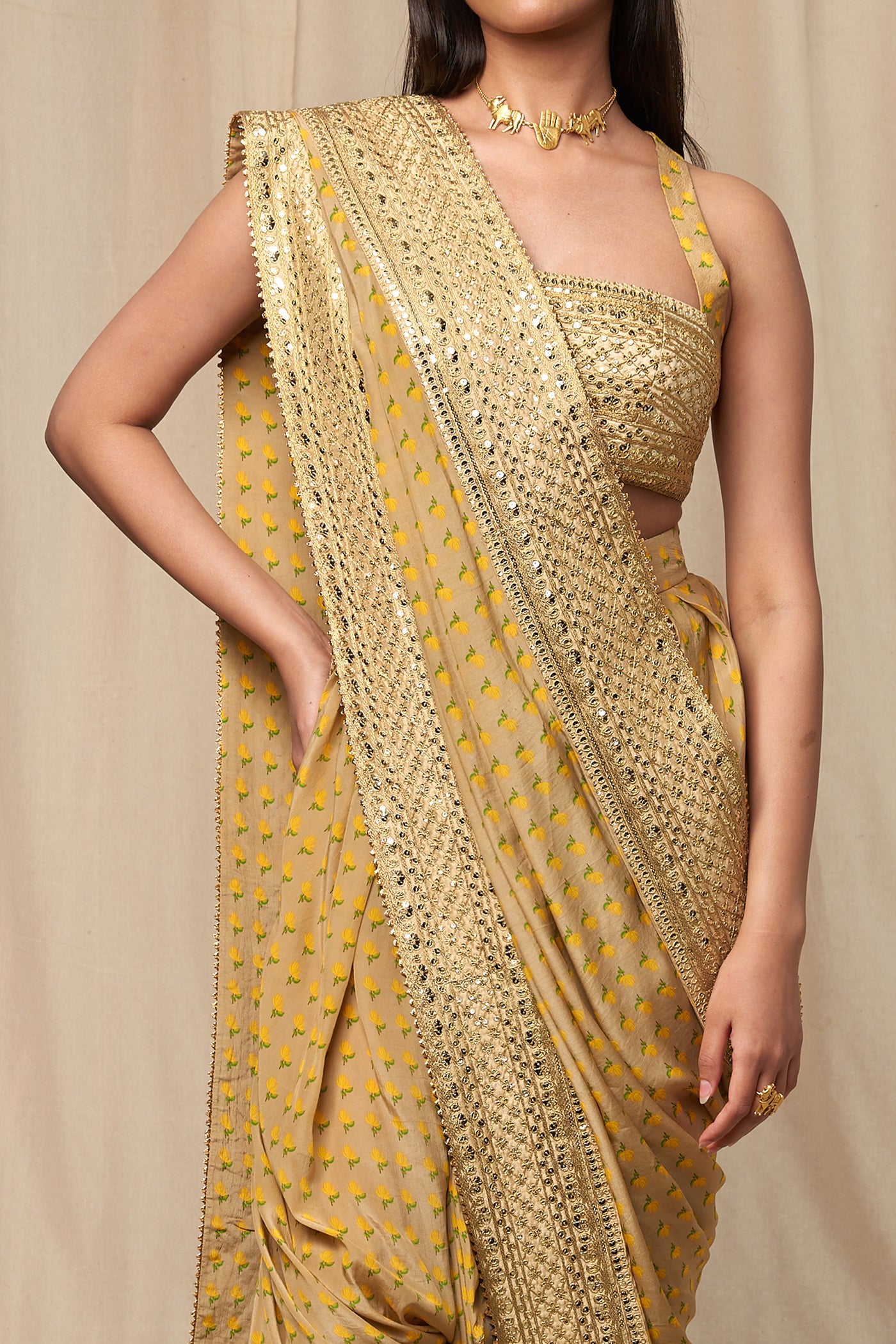 Utsava Beige Wallflower Dhoti Saree indian designer wear online shopping melange singapore