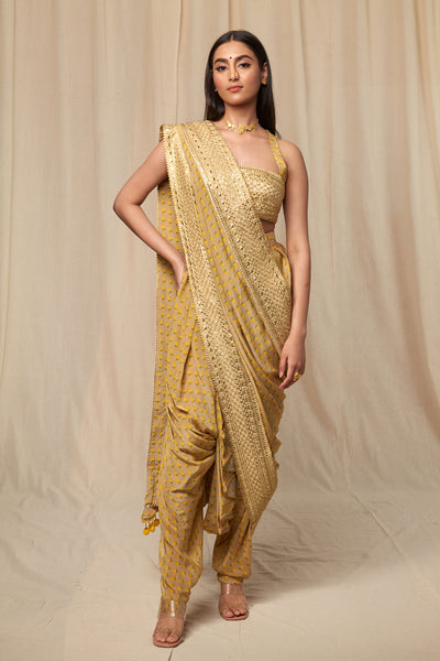Utsava Beige Wallflower Dhoti Saree indian designer wear online shopping melange singapore