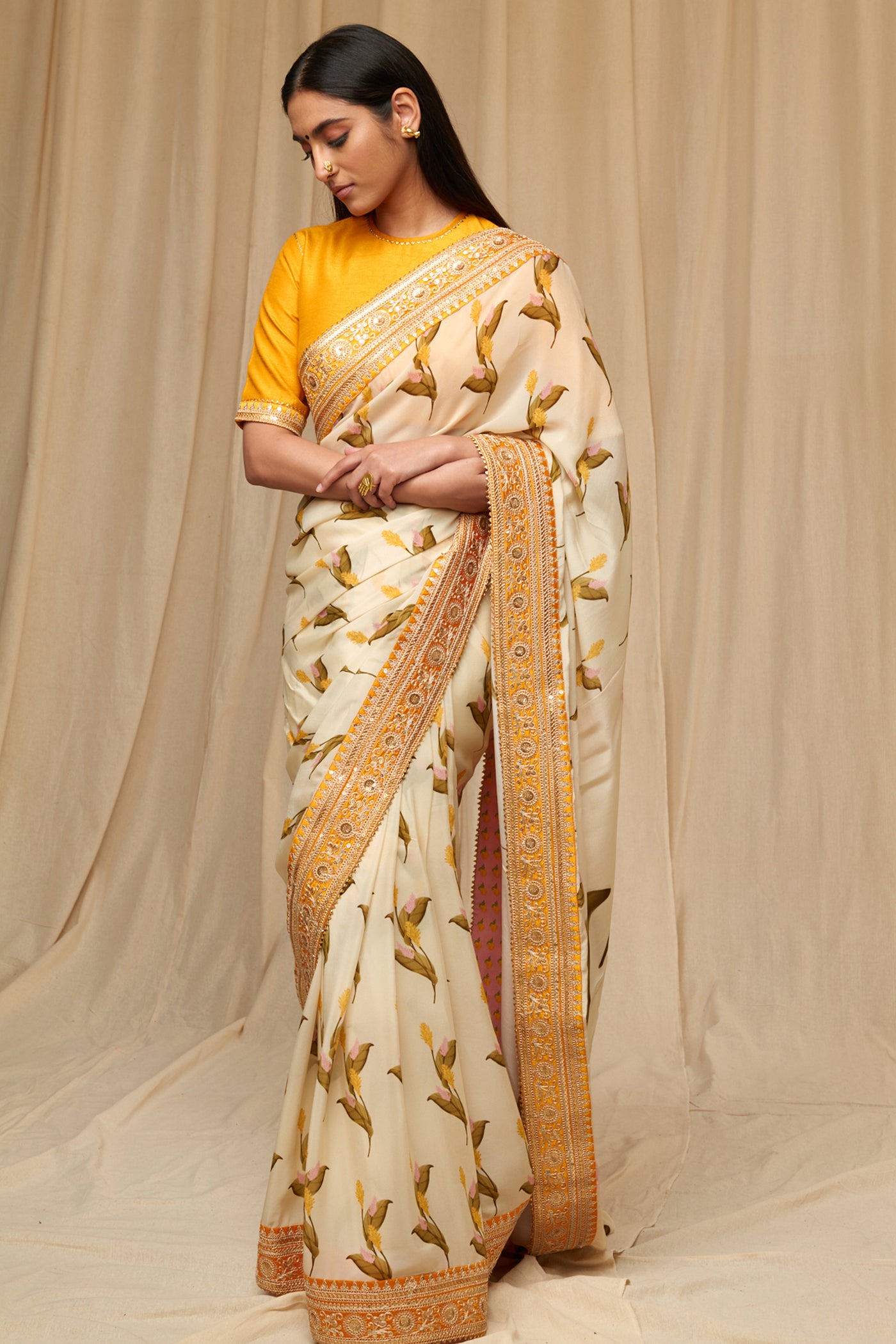 Utsava Ivory Floral Fantasy Saree indian designer wear online shopping melange singapore