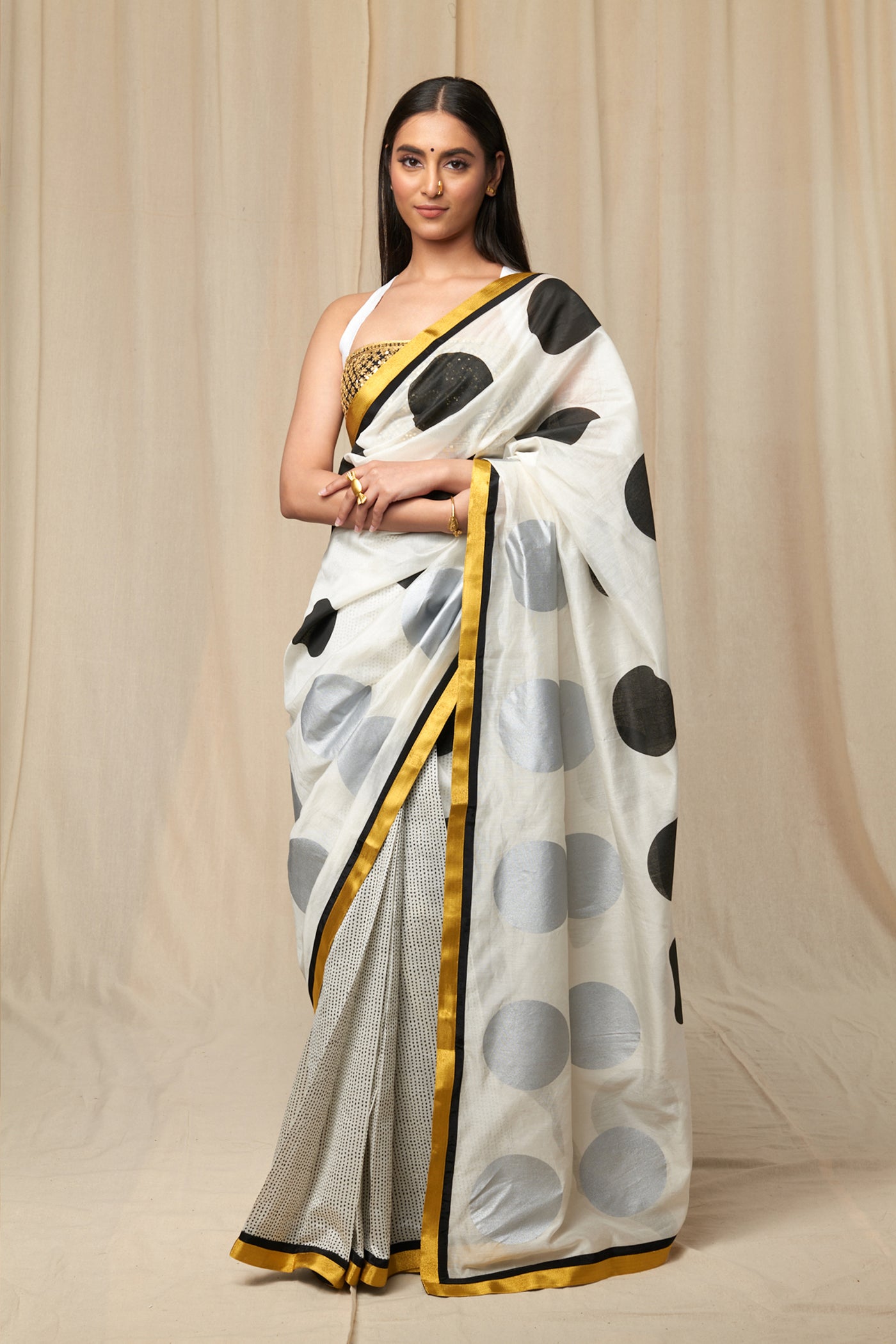 Utsava Monochrome Polka Saree With Embroidered Blouse Piece indian designer wear online shopping melange singapore