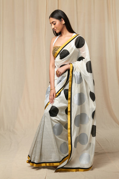 Utsava Monochrome Polka Saree With Embroidered Blouse Piece indian designer wear online shopping melange singapore