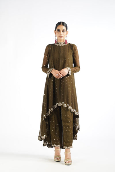 V Vani Vats Olive Green Pant Kurta Set Indian designer wear online shopping melange singapore