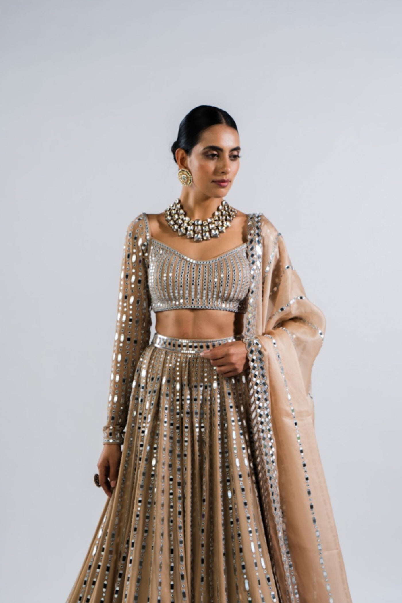 V Vani Vats Beige  Linear Drop Lehenga Set Indian designer wear online shopping melange singapore