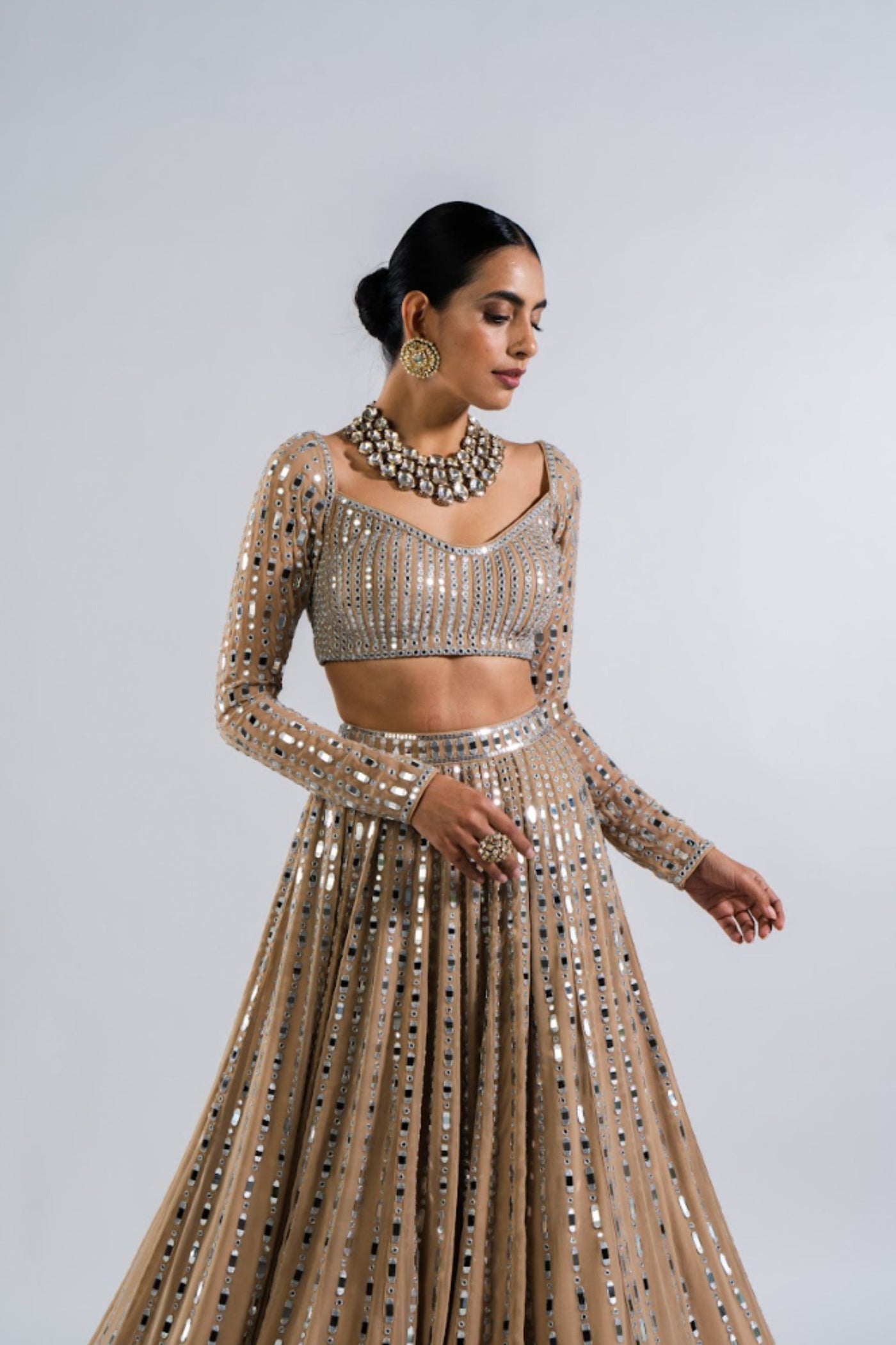 V Vani Vats Beige  Linear Drop Lehenga Set Indian designer wear online shopping melange singapore