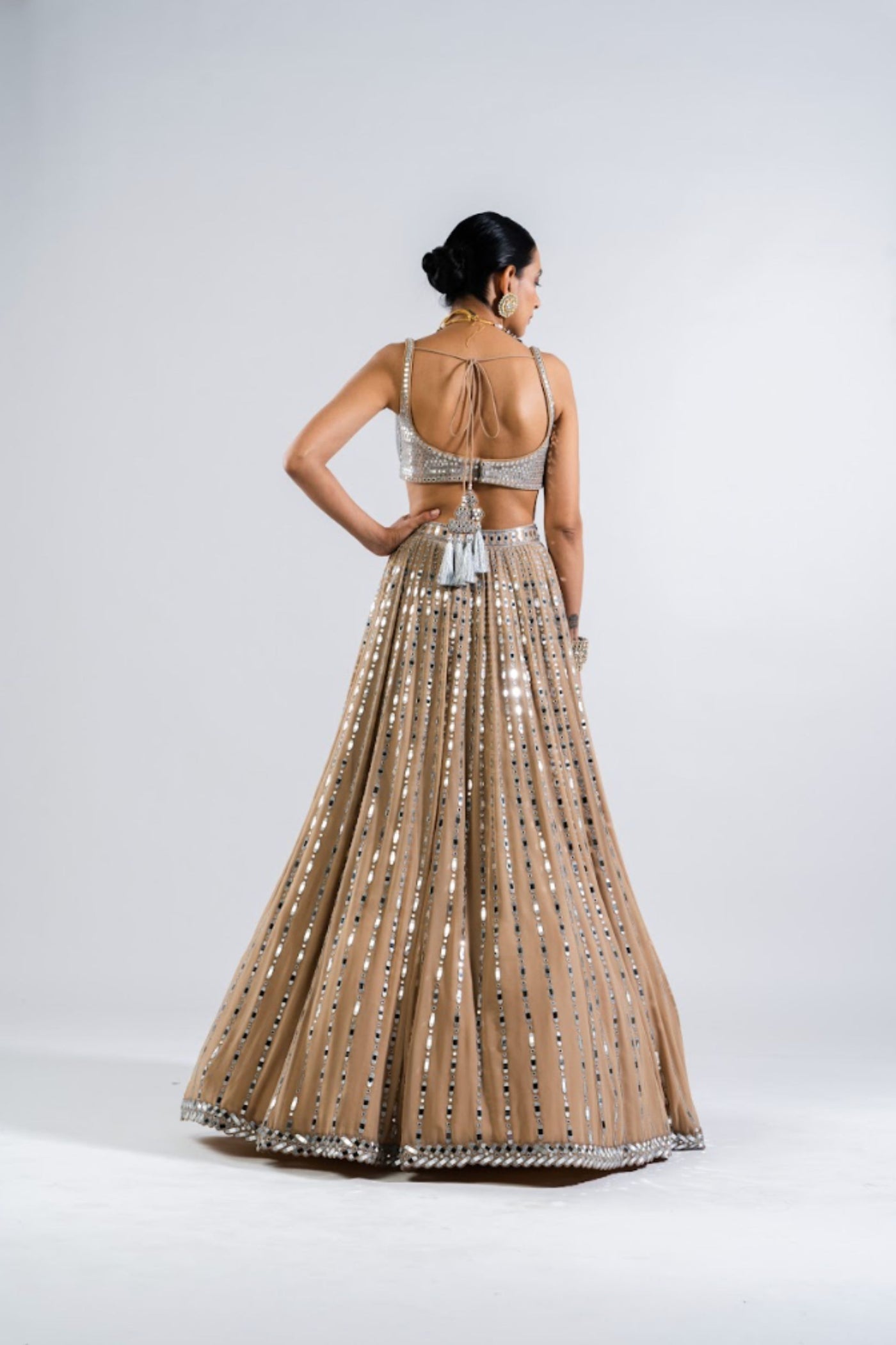 V Vani Vats Beige Linear Drop Lehenga With Metallic Blouse Indian designer wear online shopping melange singapore