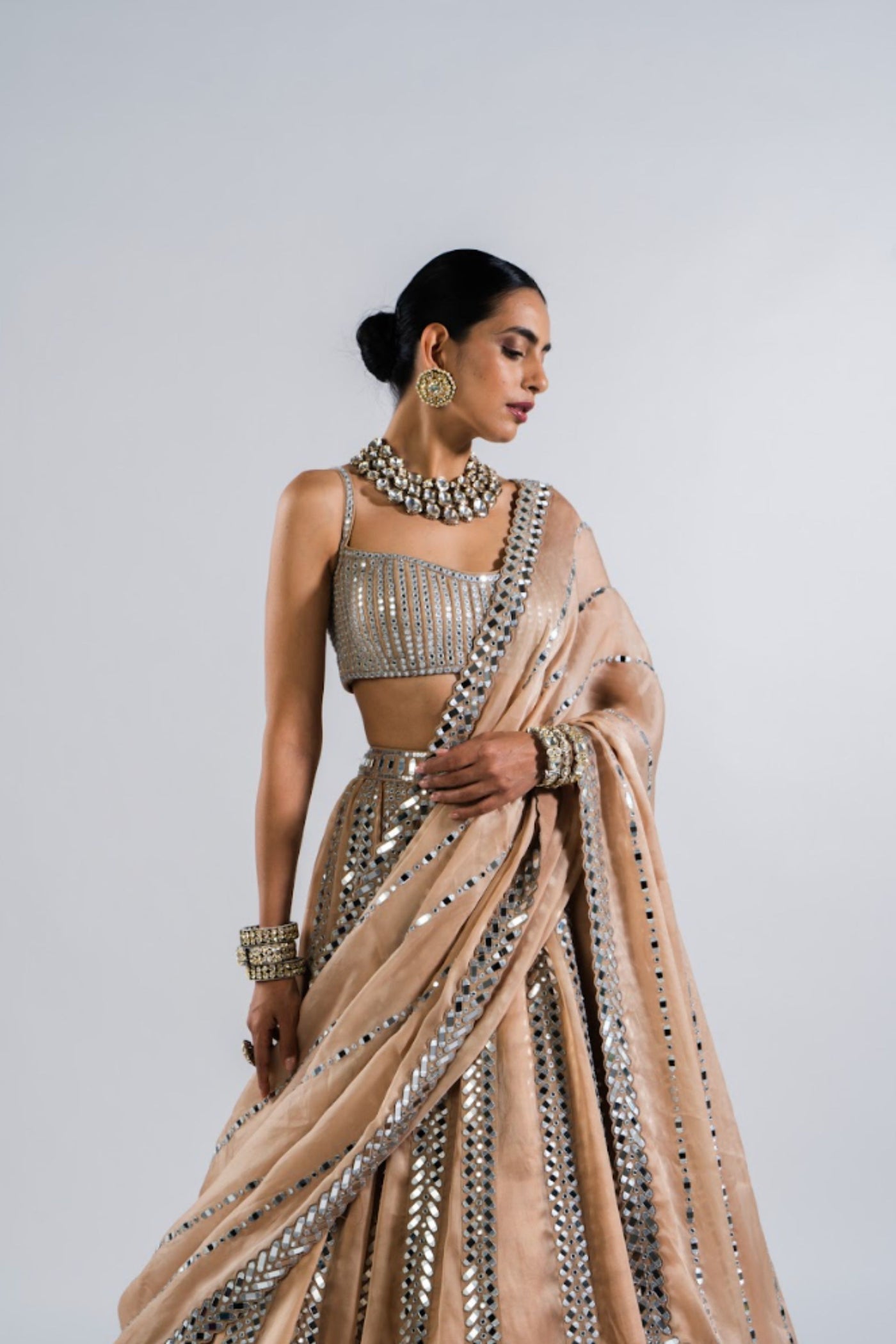 Beige Mirror Seam Lehenga  With Mirror Blouse