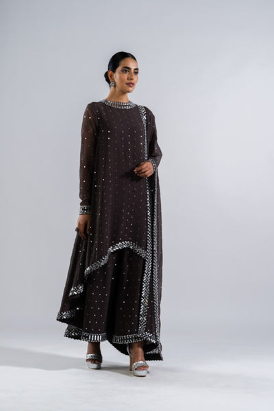 V Vani Vats Charcoal Grey Asymmetrical Kurta Set With Dupatta Indian designer wear online shopping melange singapore