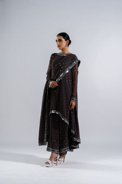 V Vani Vats Charcoal Grey Asymmetrical Kurta Set With Dupatta Indian designer wear online shopping melange singapore