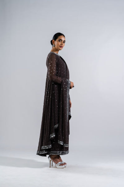 V Vani Vats Charcoal Grey Asymmetrical Kurta Set With Dupatta Indian designer wear online shopping melange singapore