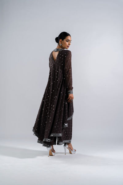 V Vani Vats Charcoal Grey Asymmetrical Kurta Set With Dupatta Indian designer wear online shopping melange singapore