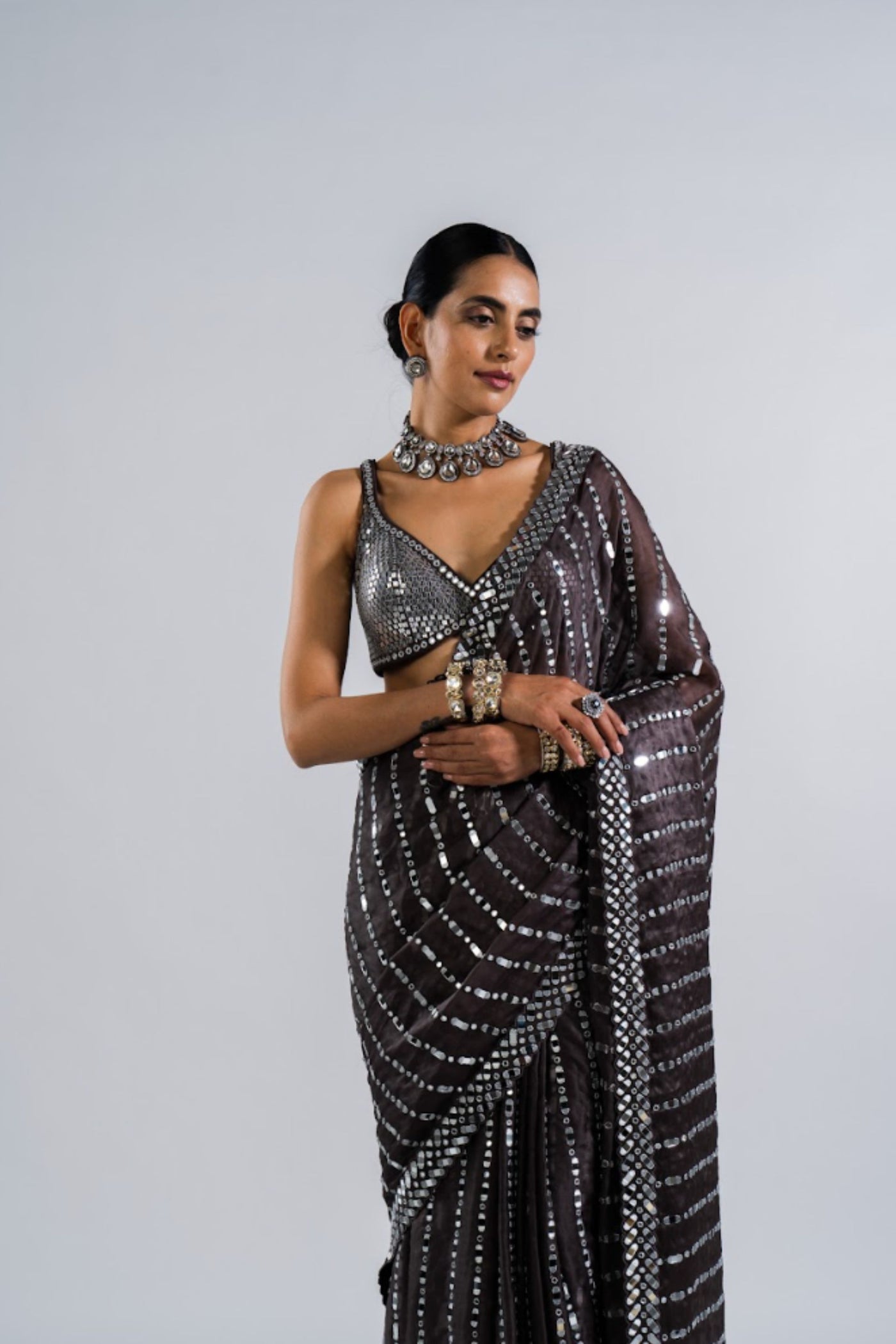 V Vani Vats Charcoal Grey Heavy Mirror Work Saree With Metallic Blouse Indian designer wear online shopping melange singapore