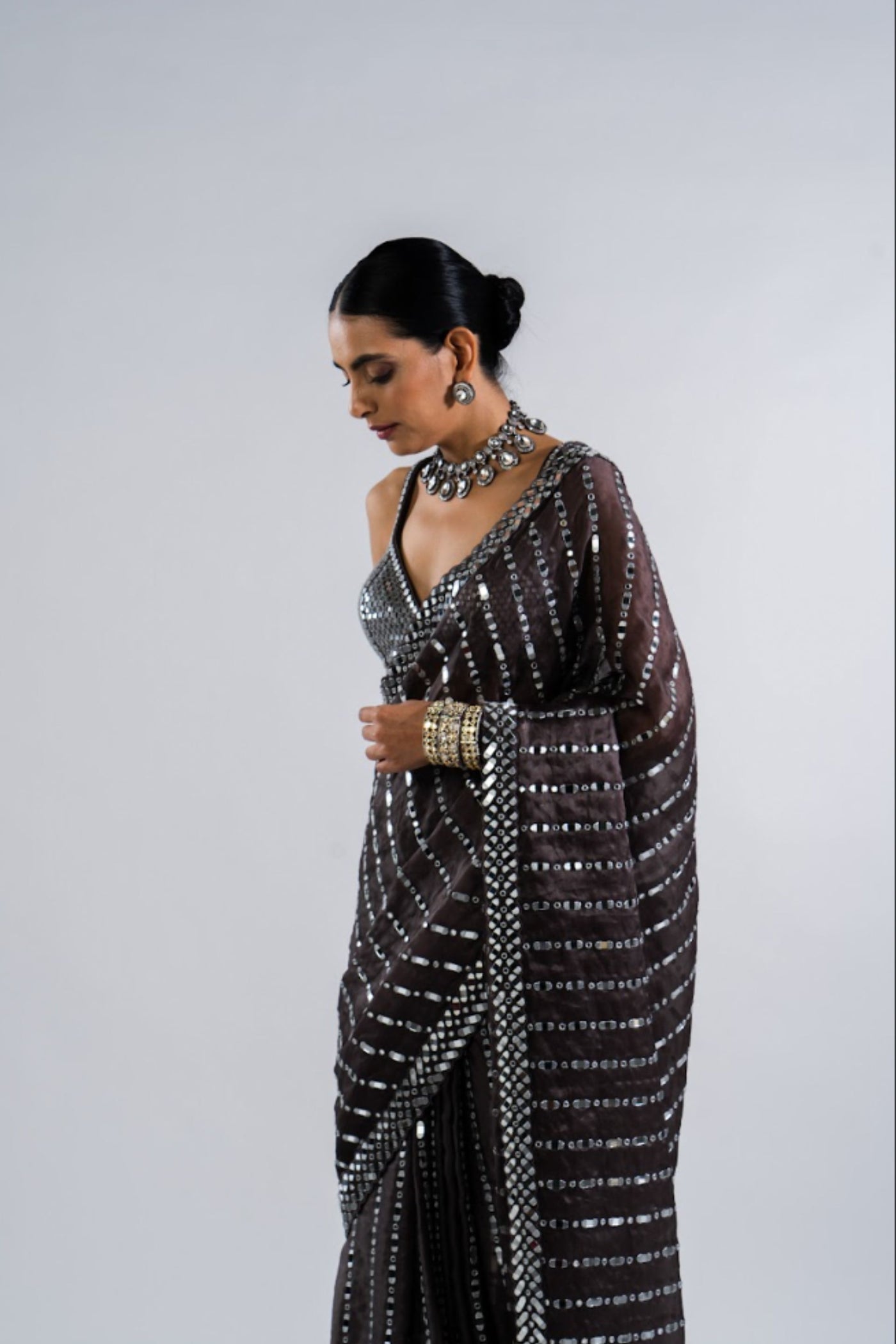 V Vani Vats Charcoal Grey Heavy Mirror Work Saree With Metallic Blouse Indian designer wear online shopping melange singapore