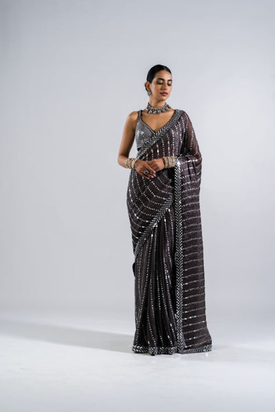 V Vani Vats Charcoal Grey Heavy Mirror Work Saree With Metallic Blouse Indian designer wear online shopping melange singapore