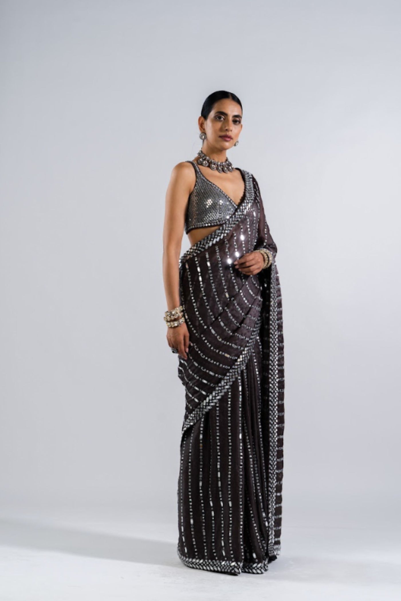 V Vani Vats Charcoal Grey Heavy Mirror Work Saree With Metallic Blouse Indian designer wear online shopping melange singapore