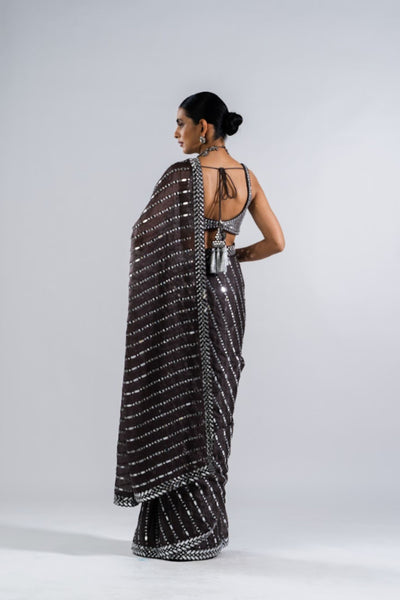 V Vani Vats Charcoal Grey Heavy Mirror Work Saree With Metallic Blouse Indian designer wear online shopping melange singapore