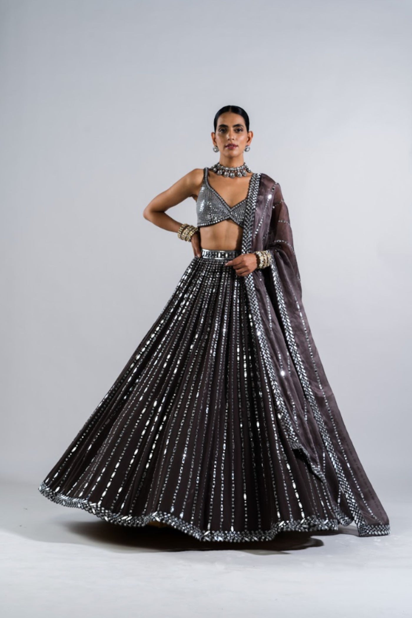 V Vani Vats Charcoal Grey Linear Drop Lehenga With Metallic Blouse Indian designer wear online shopping melange singapore