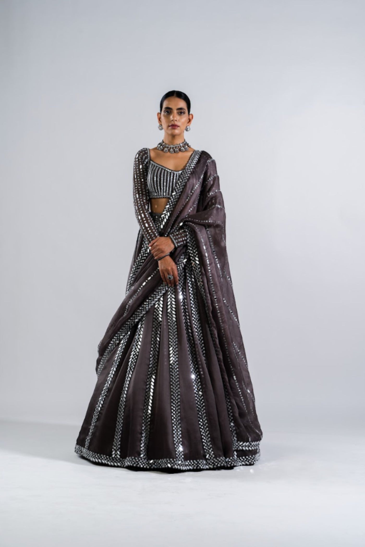 V Vani Vats Charcoal Grey Mirror Seam Lehenga Set Indian designer wear online shopping melange singapore