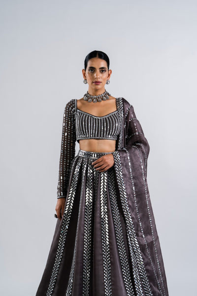 V Vani Vats Charcoal Grey Mirror Seam Lehenga Set Indian designer wear online shopping melange singapore