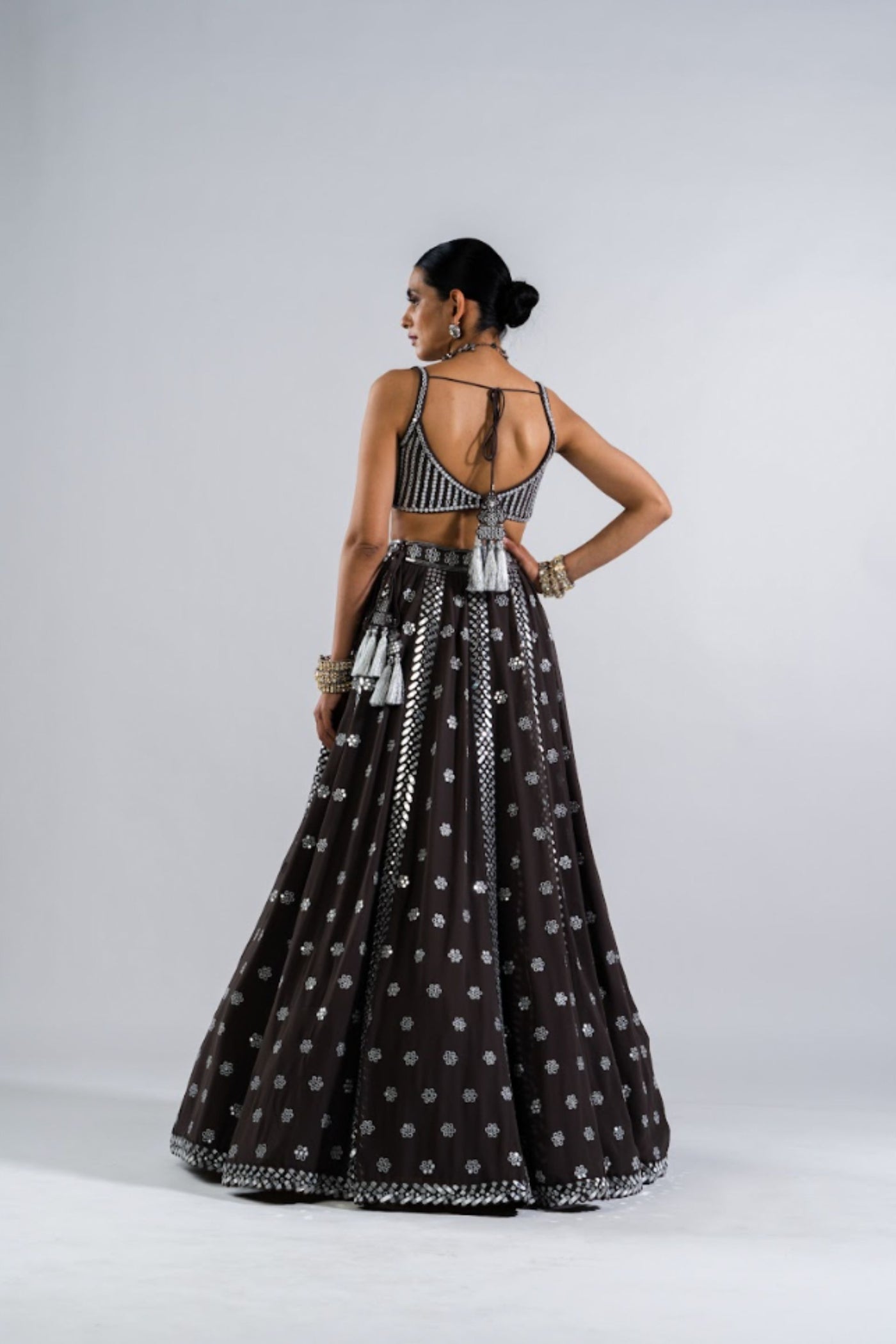 V Vani Vats Charcoal Grey Mirror Seam Lehenga  With Mirror Blouse Indian designer wear online shopping melange singapore