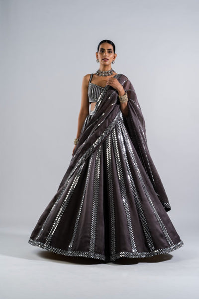 V Vani Vats Charcoal Grey Mirror Seam Lehenga  With Mirror Blouse Indian designer wear online shopping melange singapore