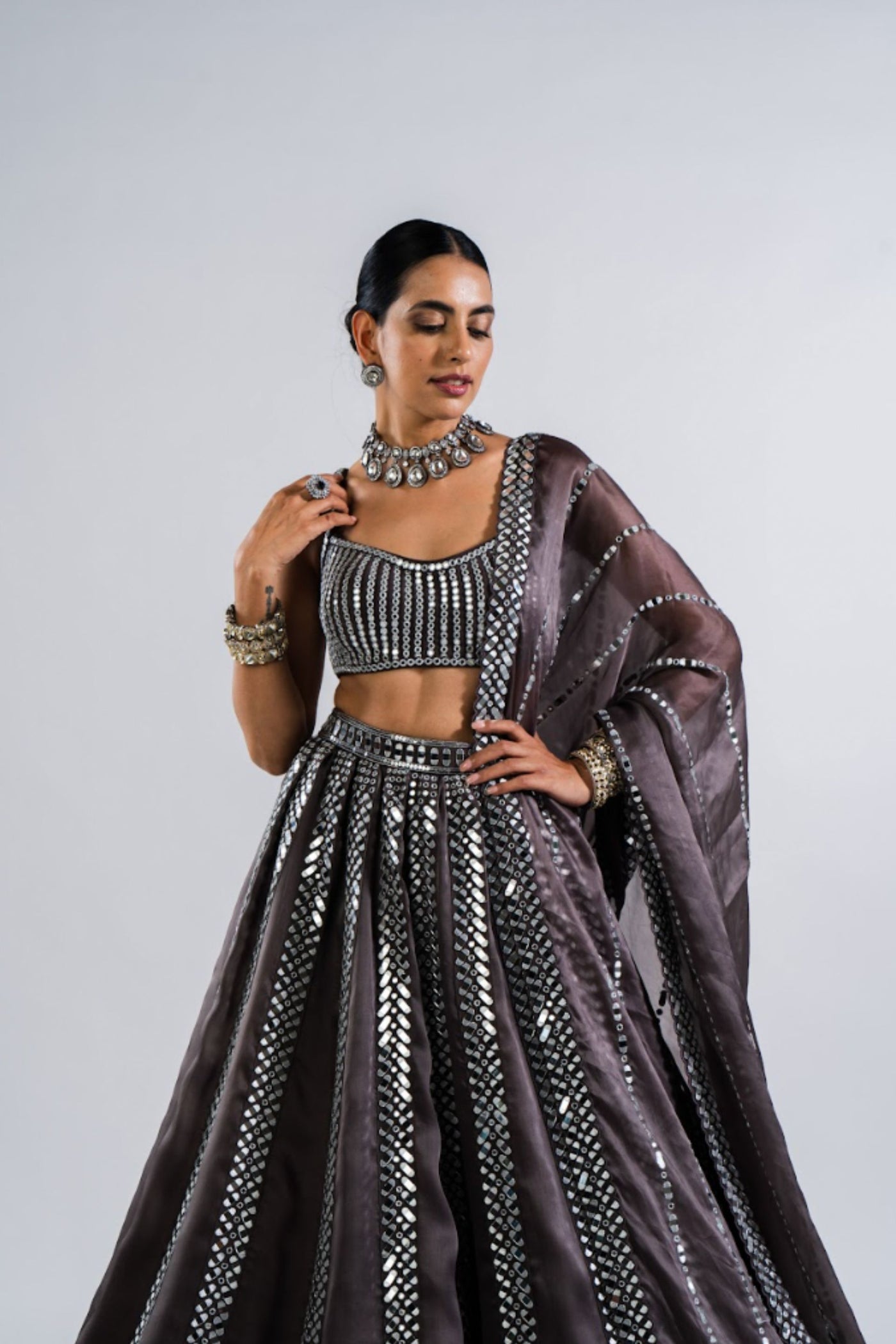 V Vani Vats Charcoal Grey Mirror Seam Lehenga  With Mirror Blouse Indian designer wear online shopping melange singapore