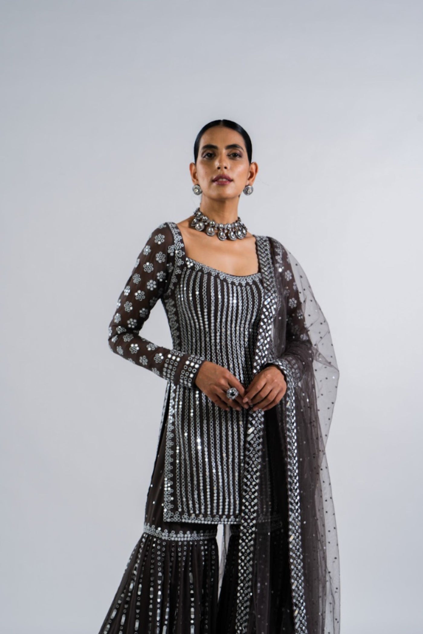 V Vani Vats Charcoal Grey Sharara Set Indian designer wear online shopping melange singapore