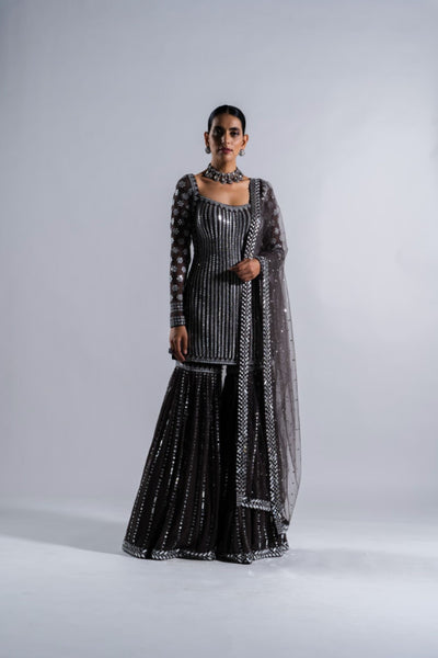 V Vani Vats Charcoal Grey Sharara Set Indian designer wear online shopping melange singapore