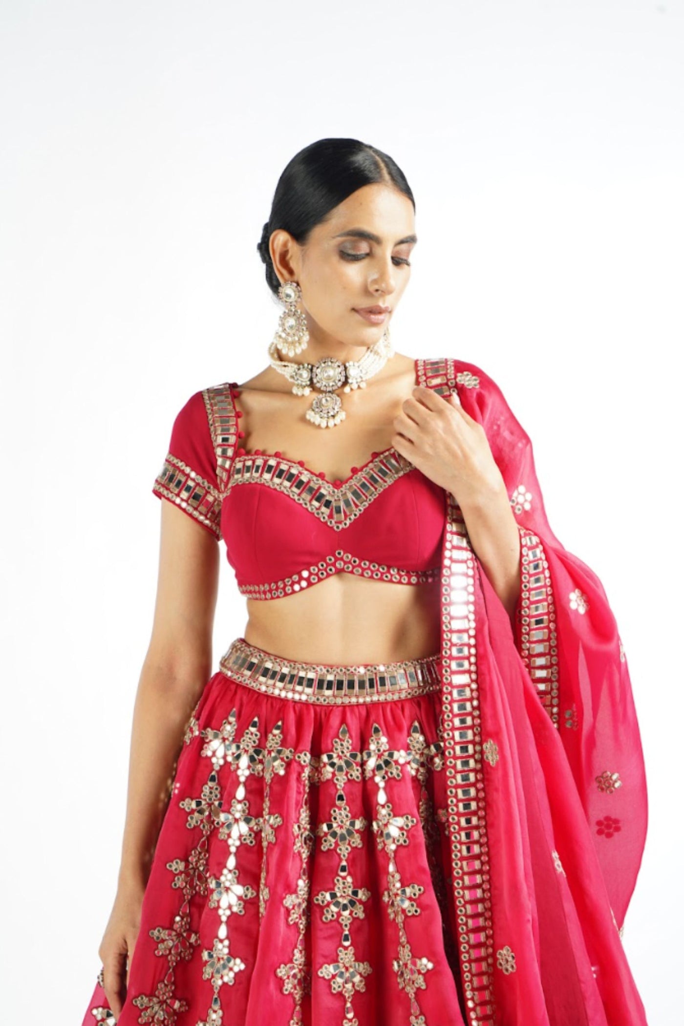 V Vani Vats Crimson Red Chandelier Drop Lehenga Set Indian designer wear online shopping melange singapore