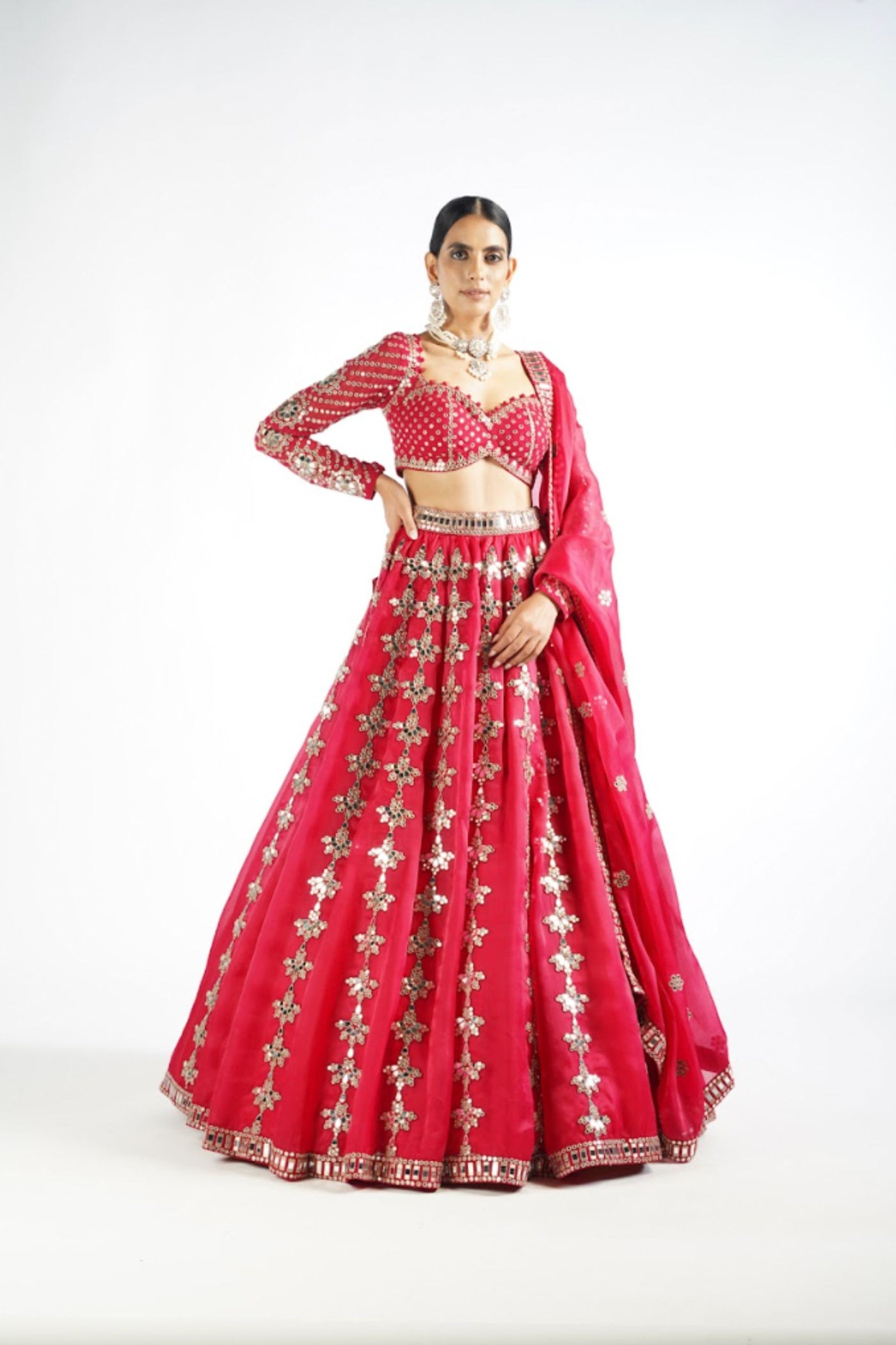 V Vani Vats Crimson Red Chandelier Drop Lehenga Set Indian designer wear online shopping melange singapore