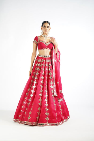 V Vani Vats Crimson Red Chandelier Drop Lehenga Set Indian designer wear online shopping melange singapore