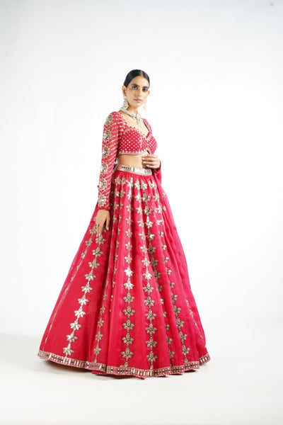 V Vani Vats Crimson Red Chandelier Drop Lehenga Set Indian designer wear online shopping melange singapore