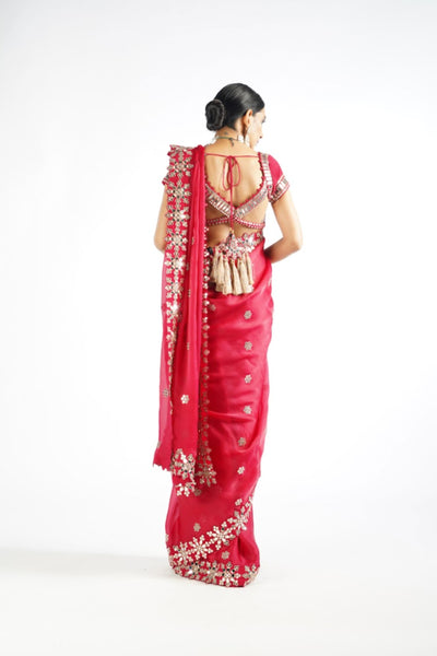 V Vani Vats Crimson Red Mirror Work Saree Indian designer wear online shopping melange singapore