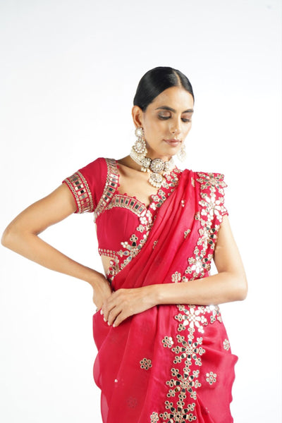 V Vani Vats Crimson Red Mirror Work Saree Indian designer wear online shopping melange singapore