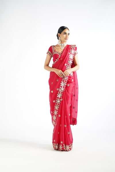 V Vani Vats Crimson Red Mirror Work Saree Indian designer wear online shopping melange singapore
