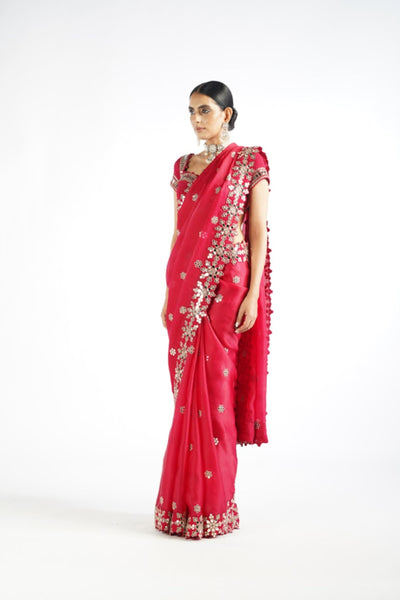 V Vani Vats Crimson Red Mirror Work Saree Indian designer wear online shopping melange singapore