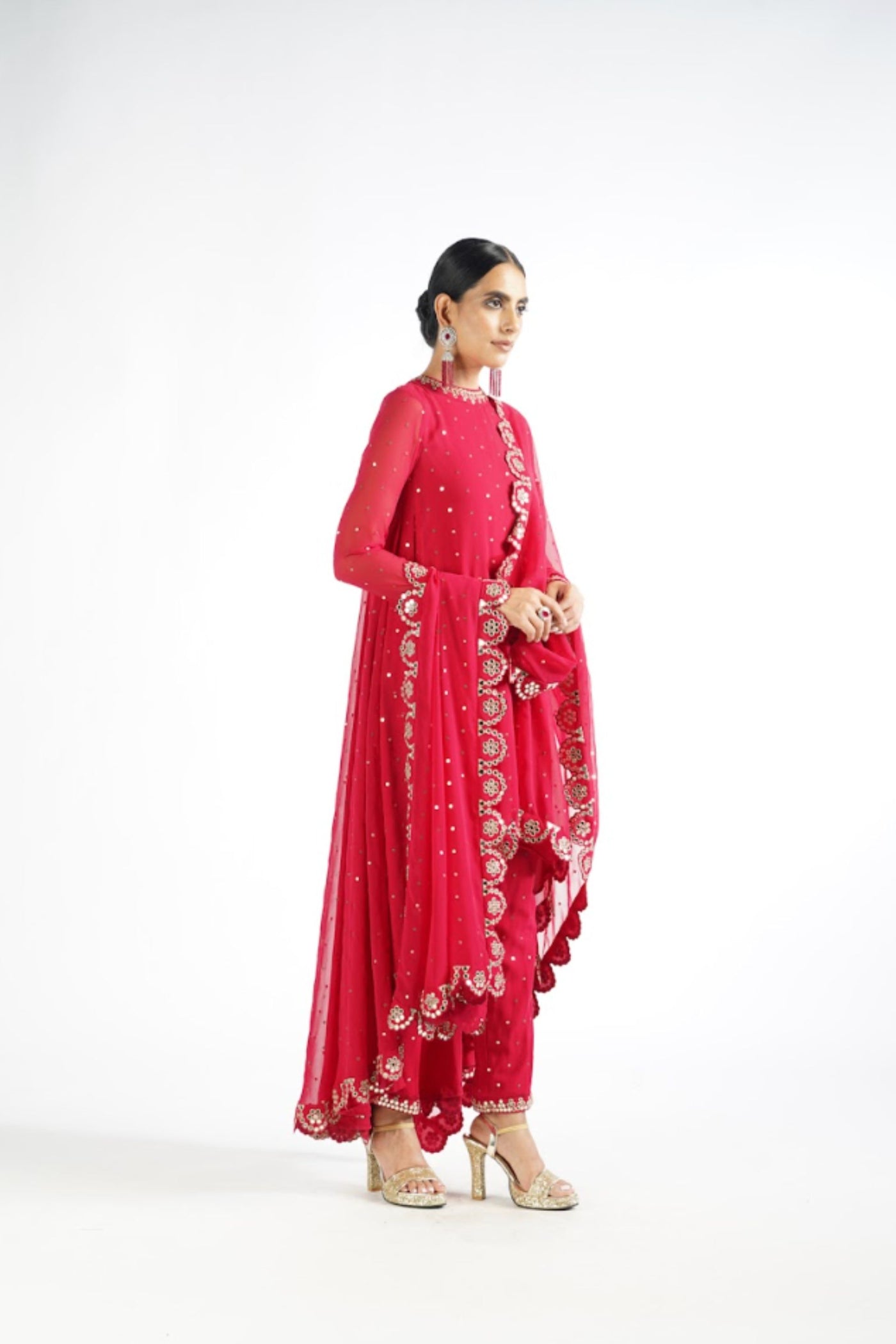 V Vani Vats Crimson Red Scallop Pant Kurta Set Indian designer wear online shopping melange singapore