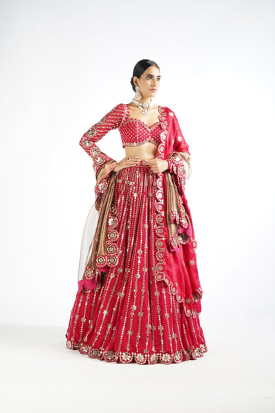 V Vani Vats Crimson Red Small Flower Linear Lehenga Set Indian designer wear online shopping melange singapore