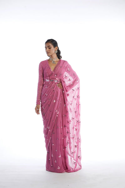 V Vani Vats Dark Blush Mirror Cut Work Saree Indian designer wear online shopping melange singapore