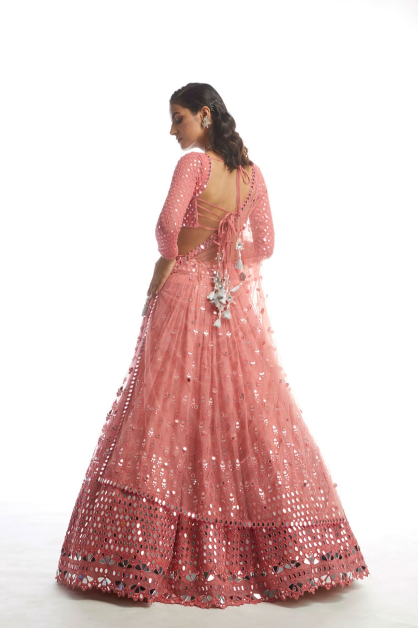 V Vani Vats Dull Coral Mirror Gradation Lehenga Indian designer wear online shopping melange singapore