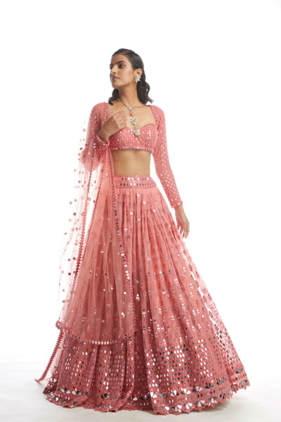 V Vani Vats Dull Coral Mirror Gradation Lehenga Indian designer wear online shopping melange singapore